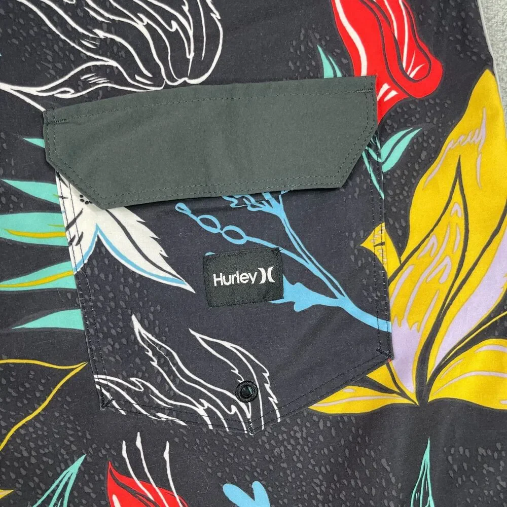 Hurley Board Shorts Men 36 Black‎ Phantom Floral Swim Trunks Drawstring Pocket